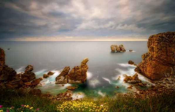 Picture sea, the sky, flowers, stones, rocks, coast, horizon, Spain