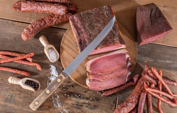 Knife, meat, Board, sausage, bacon, spices, meat, sausage
