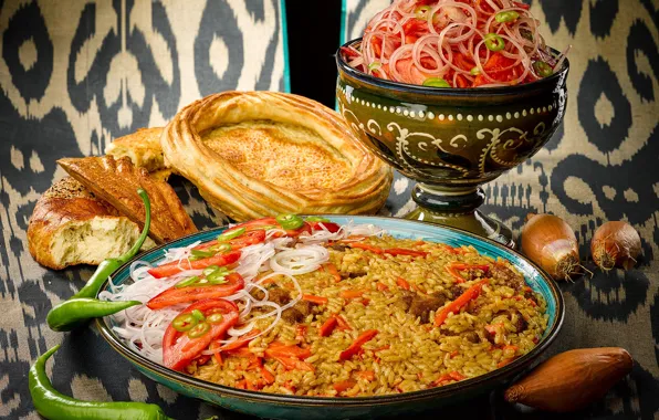 Bow, bread, meat, pepper, figure, tomatoes, salad, pilaf