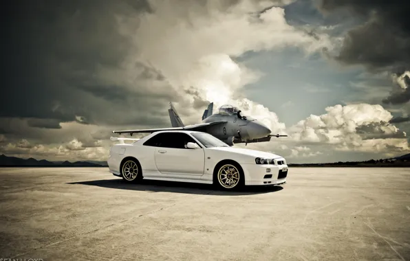 Picture white, the plane, hornet, Nissan, GT-R, the airfield, Skyline, R34