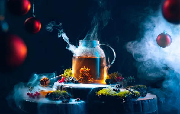 Balls, light, fog, berries, the dark background, tea, smoke, hot