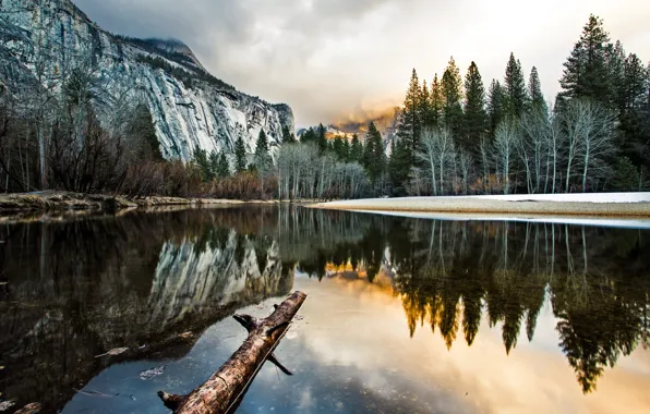 Clouds, trees, landscape, mountains, nature, lake, reflection, CA