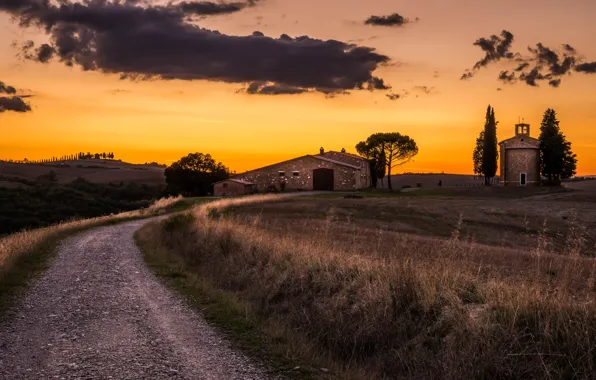 Road, sunset, farm