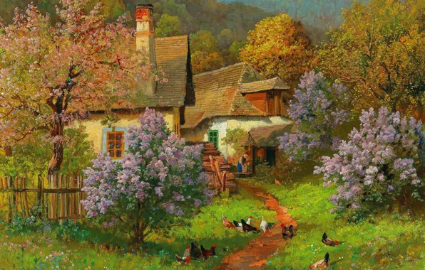 Picture trees, Home, Mountains, Picture, Lilac, Alois Arnegger, Alois Arnegger, Springtime on the farm