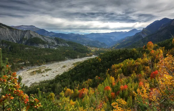 Autumn, forest, clouds, trees, mountains, stream, France, valley