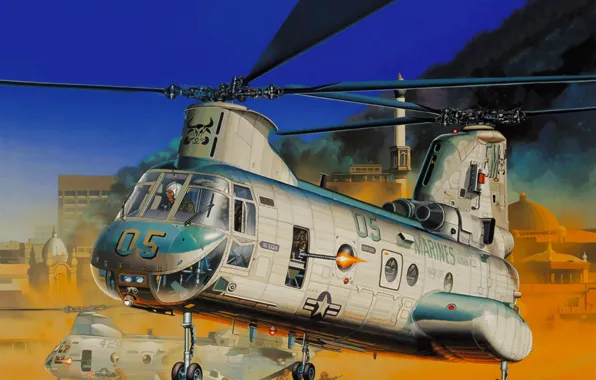 Picture war, art, airplane, helicopter, painting, aviation, Boeing Vertol CH-46 Sea Knight