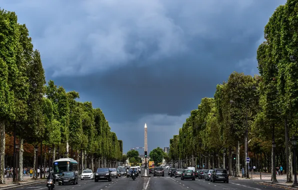Picture road, machine, the sky, trees, clouds, the city, France, Paris