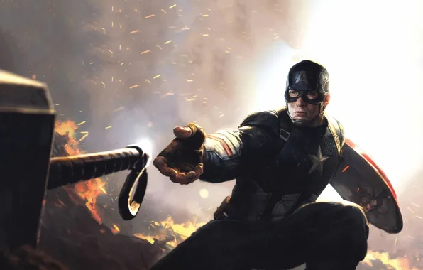 Fire, hammer, hero, male, Captain America, Avengers, Chris Evans