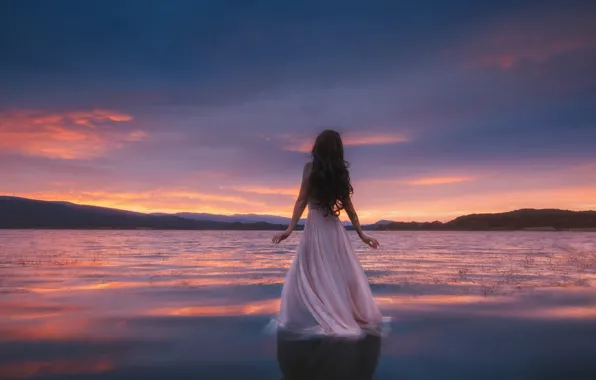 The sky, girl, clouds, mountains, nature, pose, lake, dawn