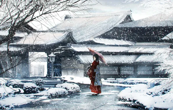 Winter, girl, umbrella, yukata, Epona