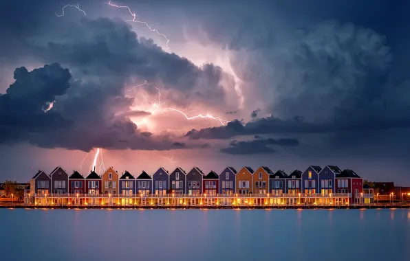 Picture the sky, water, clouds, lights, lightning, home, the evening