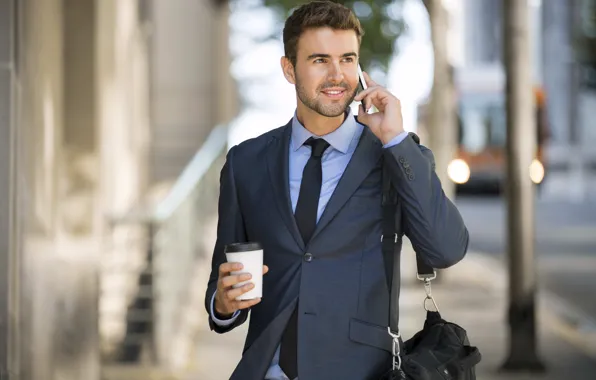 Coffee, phone, male, guy, walk