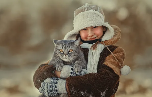 Picture winter, cat, animal, hat, girl, coat, Tomcat, mittens