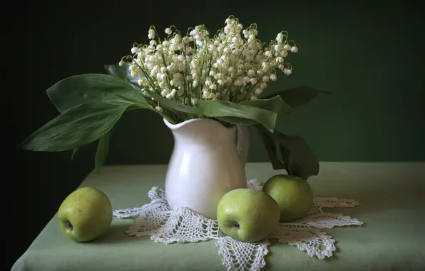 Apples, bouquet, still life, lilies of the valley
