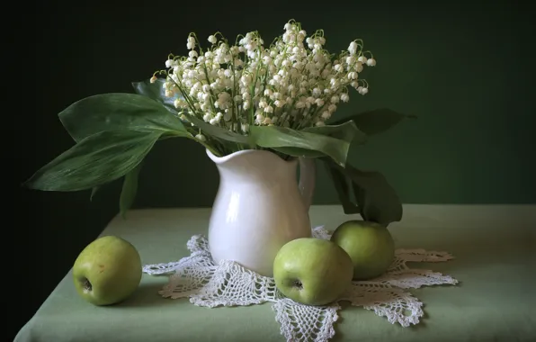 Apple, bouquet, still life, lilies of the valley