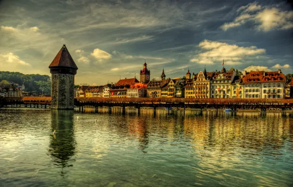 River, tower, home, Switzerland, promenade, Luzern