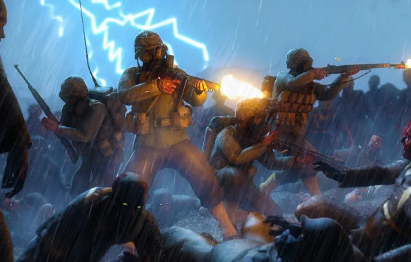 The storm, rendering, fiction, rain, lightning, battle, machine, zombies