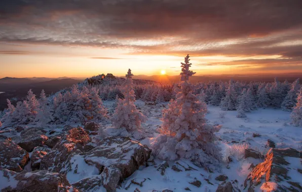 Snow, trees, sunset, mountains, ate, Russia, South Ural, Chelyabinsk oblast