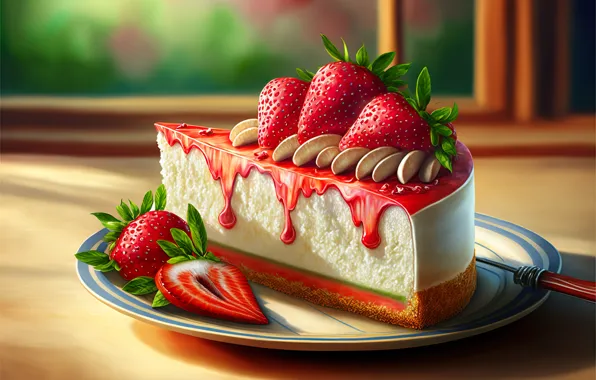 Berries, table, graphics, window, strawberry, cake, cake, cream