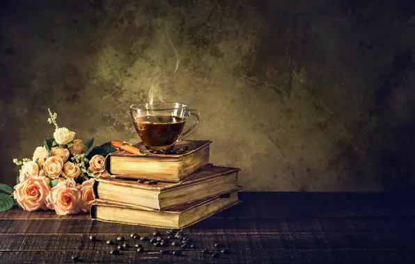 Books, coffee, Cup, Roses, Vintage
