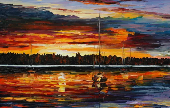 Water, landscape, paint, picture, horizon, Leonid Afremov, Leonid Afremov, dreams lakes