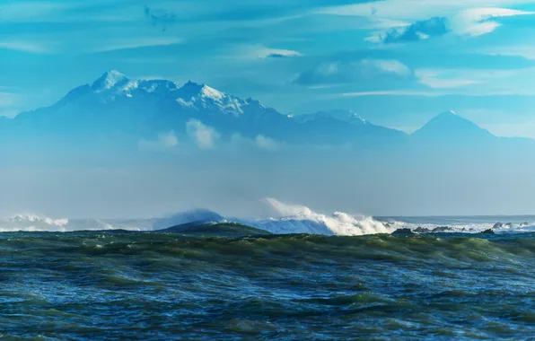 Sea, wave, the sky, mountains, clouds, storm