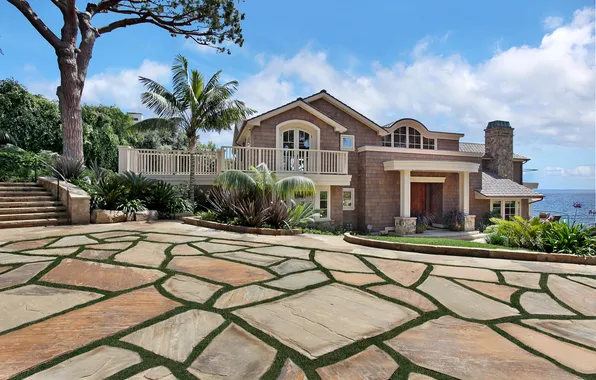 Sea, the sky, clouds, trees, palm trees, home, USA, mansion