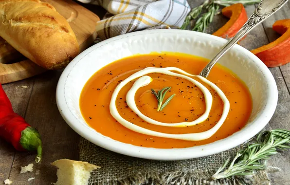 Plate, bread, pumpkin, pepper, rosemary, sour cream, soup