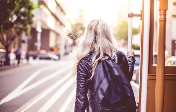 Picture girl, street, tram, backpack