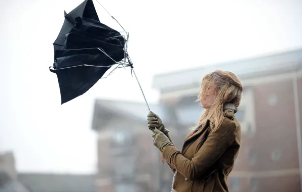 Picture girl, the city, the wind, umbrella