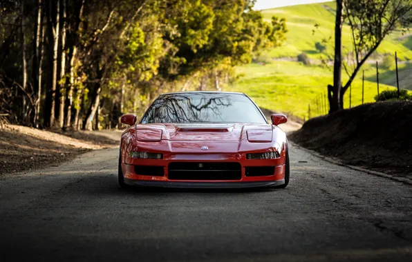 Red, Honda, Front, Road, Acura, NSX, Forest, Trees