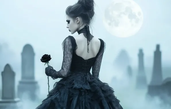 Girl, night, fog, the moon, rose, makeup, brunette, hairstyle