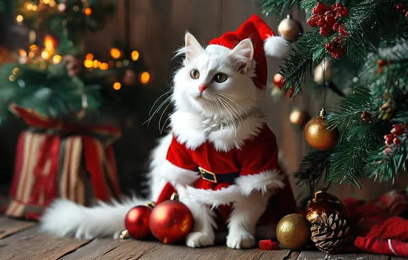 Cat, white, look, pose, kitty, Christmas, New year, tree