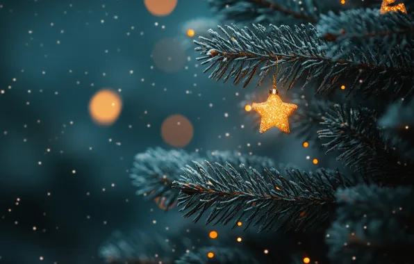 Branches, star, lights, Christmas, New year, herringbone, needles, bokeh