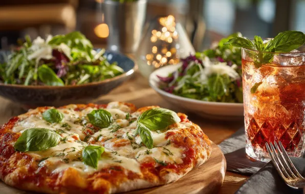 Glass, table, food, cheese, drink, pizza, stand, bokeh