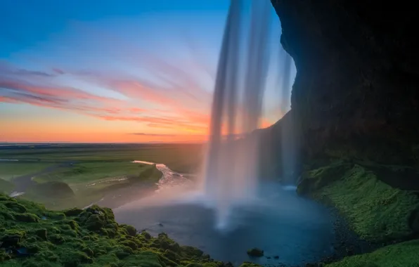 Sunset, rocks, waterfall, Iceland, Seljalandsfoss