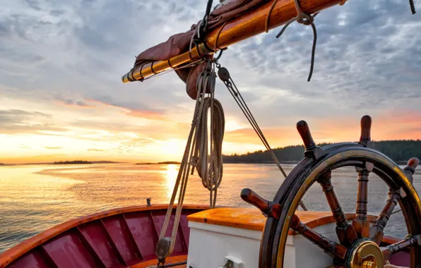 Sea, sunset, reflection, romance, shore, ship, sailboat, the evening
