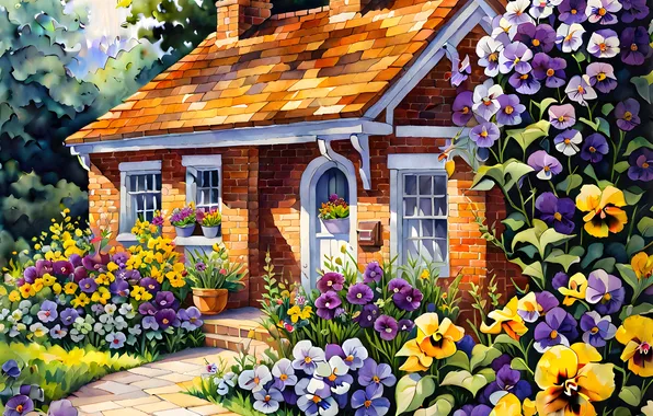 Summer, landscape, flowers, nature, comfort, house, garden, mansion