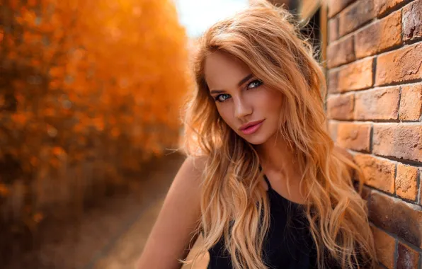 Autumn, look, trees, wall, portrait, brick, yellow, makeup