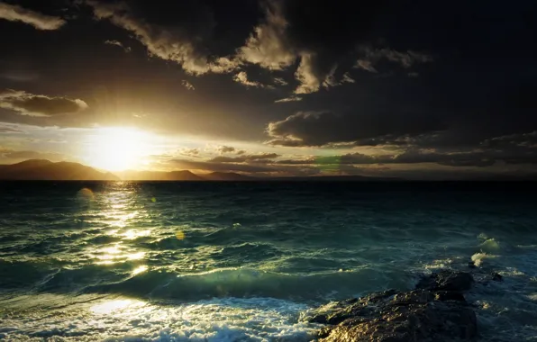 Picture sea, wave, the sky, foam, the sun, sunset, mountains, stones