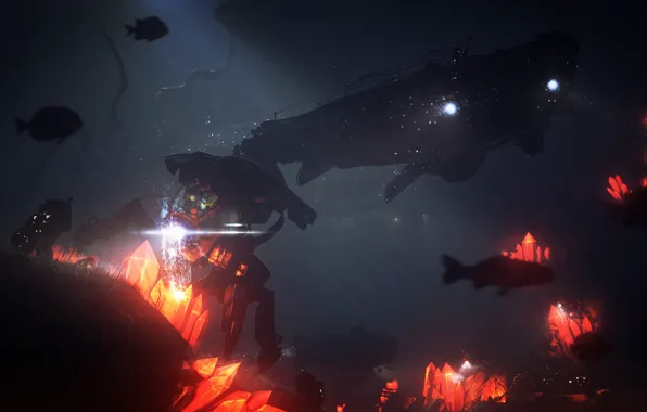 Robot, the bottom, starcraft, crystals, under water, submarine, art, fan art