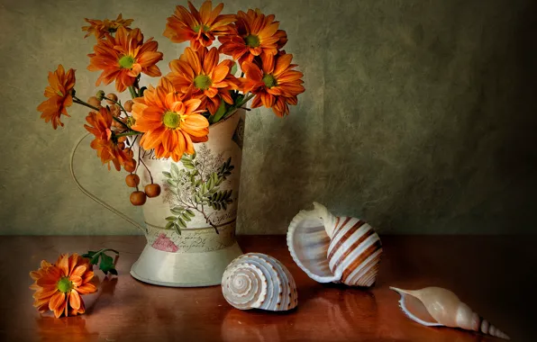 Flowers, bouquet, shell, still life, orange, dahlias