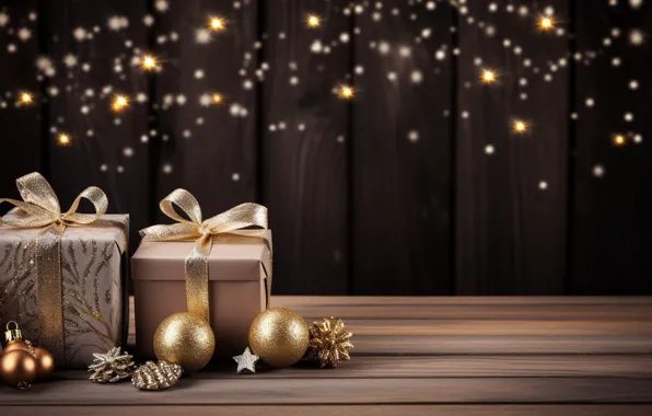 Decoration, balls, New Year, Christmas, gifts, golden, new year, Christmas