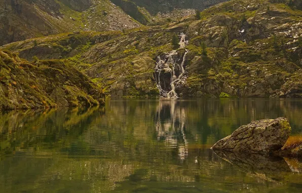 Mountains, lake, reflection, waterfall, Italy, Valle d'aosta