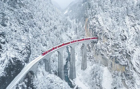 Winter, forest, snow, mountains, bridge, nature, train, railroad