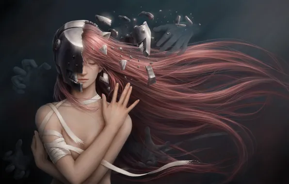 Picture girl, anime, Elven song, Elfen Lied, art, Lucy, red hair, Jason Peng