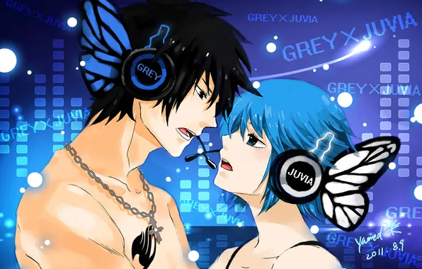 Picture girl, butterfly, pair, microphone, Anime, guy, chain, two