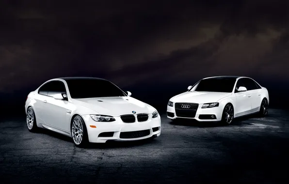Audi, BMW, white, front, E92, 3 Series
