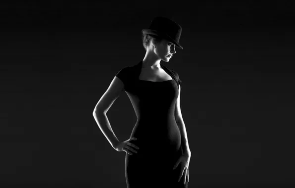 Picture girl, model, hat, black and white