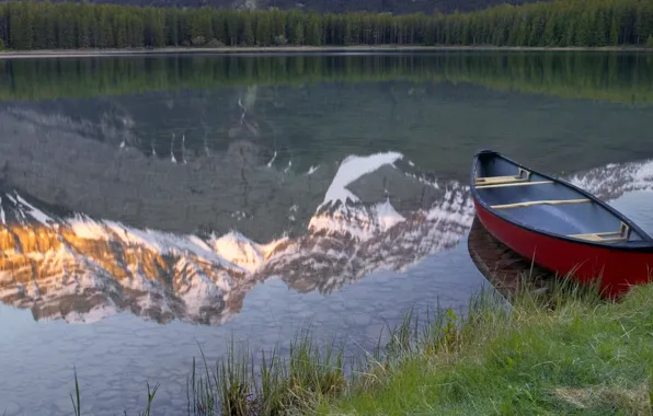 Picture mountains, lake, reflection, boat, Canada, Banff National Park, Alberta, Canada